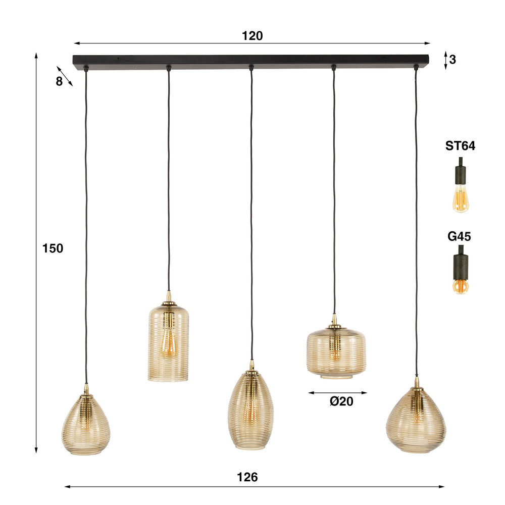 Hanglamp Stripe Horizontal 5-lichts / Smoke bruin glas