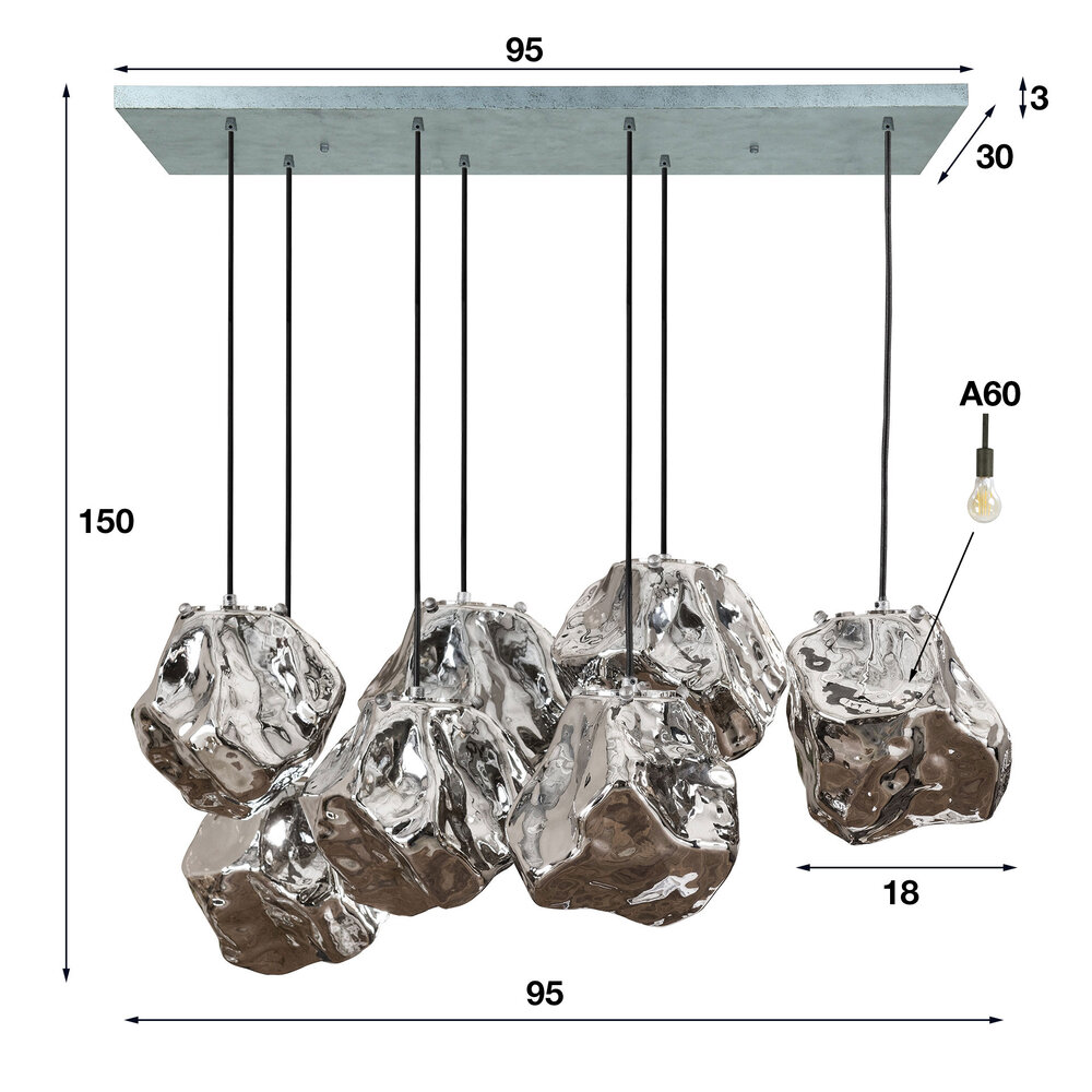 Hanglamp Rock 4+3-lichts / Chroom glas