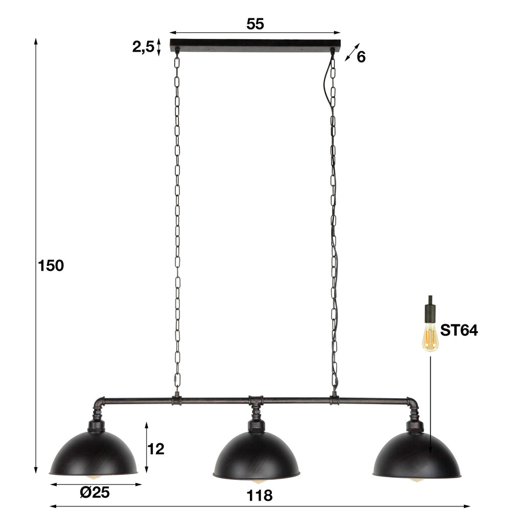 Hanglamp Industrial Tube 3-lichts / Zwart