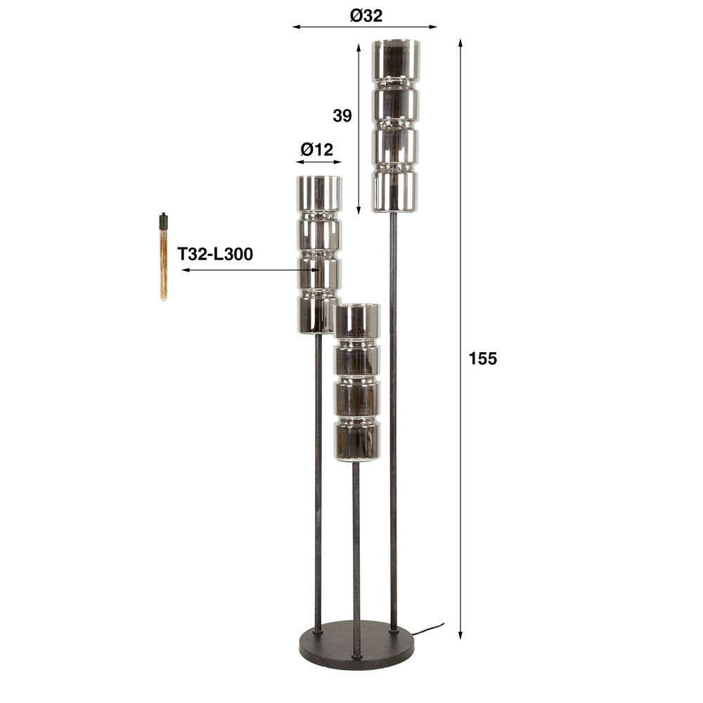Vloerlamp Cylinder Glass getrapt 3-lichts / Artic zwart