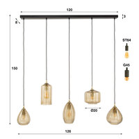 Hanglamp Stripe Horizontal 5-lichts / Smoke bruin glas