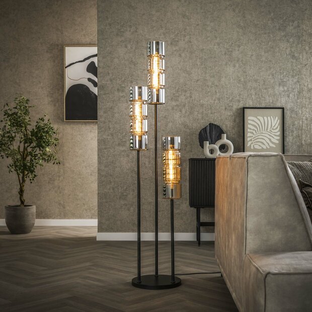 Vloerlamp Cylinder Glass getrapt 3-lichts / Artic zwart